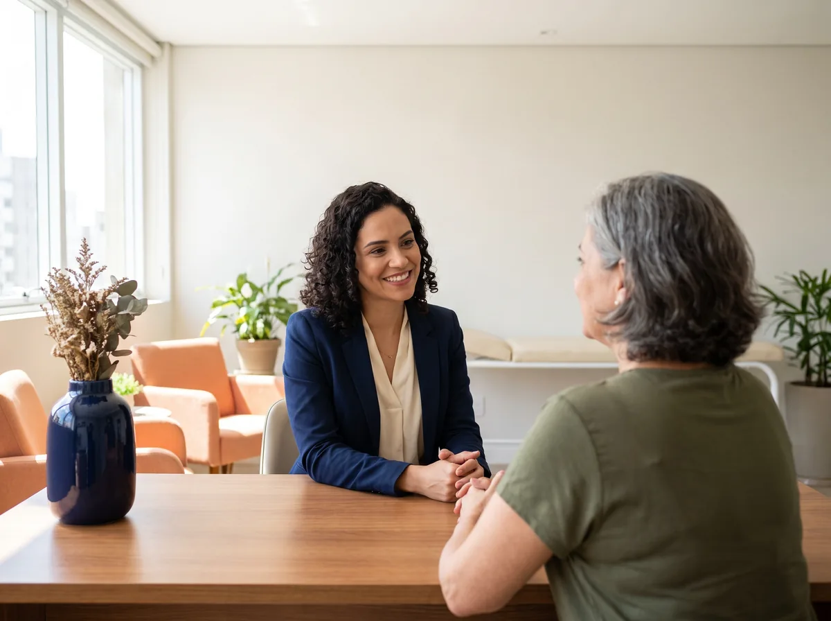 Profissional de saúde conversando com atenção com uma paciente em consultório