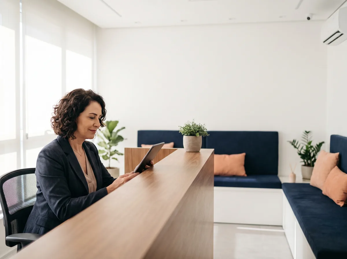 Dona de clínica revisando a agenda do dia com tranquilidade em um tablet