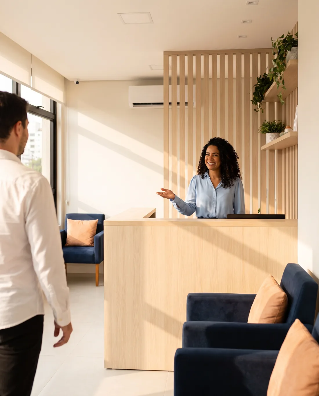 Recepção de clínica moderna com recepcionista atendendo um paciente